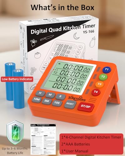 Digital Kitchen Timer with 4 Channel, Loud Alarm and Silent Mode - color: Orange