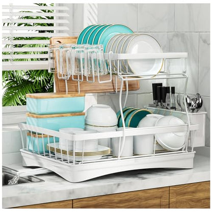 7 code 2-Tier Large Dish Drying Rack for Kitchen Counter, White - color: White