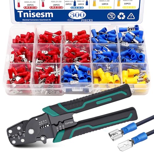 Tnisesm Spade Connector 16 Types with Professional Wire Stripper/Wire Crimping Tool, Wire Cutter, Wire Crimper, Cable Stripper, Wiring Tools and Multi-Function Hand Tool - color: 281Pcs Spade, size: Crimp style