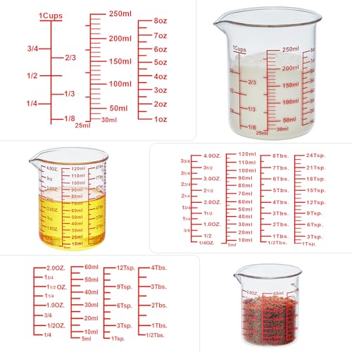 Ackers High Borosilicate Glass Measuring Cup Set with Pour Spout,60ml(2OZ),120ml(4OZ), 250ml(8OZ) Glass Measuring Beaker for Kitchen or Restaurant, Easy to Read (Pack of 2) - size: 60ml/120ml/250ml Measuring Cup Set (Pack of 2)