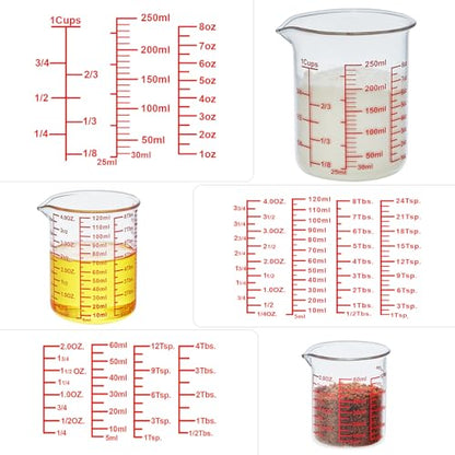 Ackers High Borosilicate Glass Measuring Cup Set with Pour Spout,60ml(2OZ),120ml(4OZ), 250ml(8OZ) Glass Measuring Beaker for Kitchen or Restaurant, Easy to Read (Pack of 2) - size: 60ml/120ml/250ml Measuring Cup Set (Pack of 2)