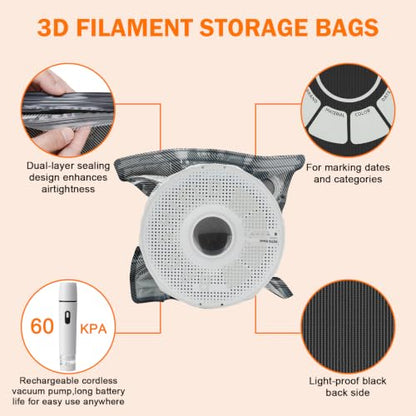 3D Printer Filament Vacuum Storage Bags Kit with Wireless Rechargeable Vacuum Pump, 10pcs Light-Proof & Moisture Resistant Filament Vacuum Sealed Bags, Reusable Vacuum Bags for Filament(12.4" X 13.8") - size: 10 Bags + USB Pump