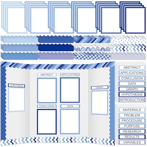 Fuyoooo 90 Pcs Science Fair Board Supplies 60 Trim Scalloped Bulletin Board Borders 24 Presentation Board Subtitles 6 Science Fair Titles for Classroom Display Boards (Blue Boho) - style: Blue Boho