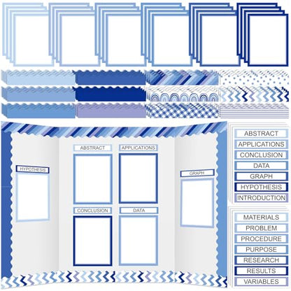 Fuyoooo 90 Pcs Science Fair Board Supplies 60 Trim Scalloped Bulletin Board Borders 24 Presentation Board Subtitles 6 Science Fair Titles for Classroom Display Boards (Blue Boho) - style: Blue Boho