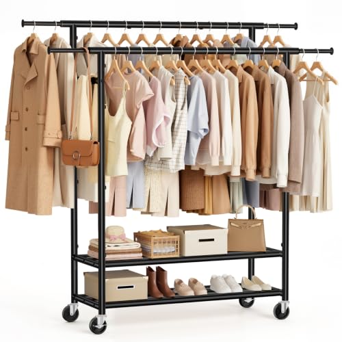 Heavy Duty Clothes Rack, Double Rod Garment Storage Organizer, Black - color: Black