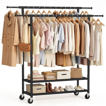 Heavy Duty Clothes Rack, Double Rod Garment Storage Organizer, Black - color: Black