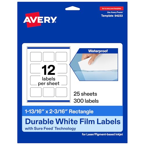 Avery® Printable Durable White Rectangle Labels, Sure Feed® Technology, 1-13/16" x 2-3/16", Print-to-the-Edge, Waterproof Labels, Laser & Pigment-Based Inkjet Compatible, 300 Total - style: 300 labels
