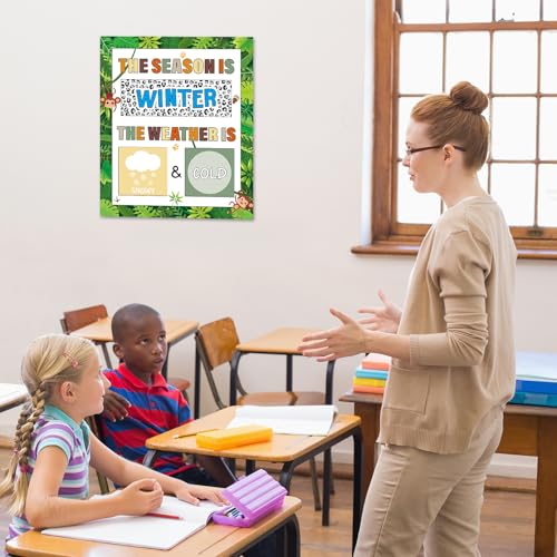 Jungle Animal Season and Weather Calendar Bulletin Board Safari Season Calendar Posters with Weather Cards Hook and Loop Dots for Classroom Wall Decor Preschool Kindergarten Student Teacher Supplies - style: Jungle Animal