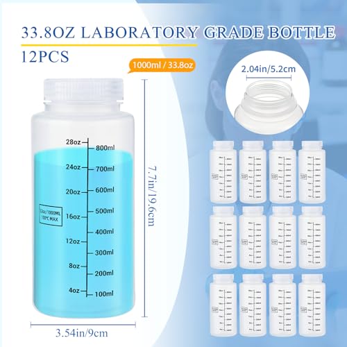 Tatuo 12 Pcs 32oz 1000ml Plastic Sample Bottles with Screw Cap, Liquid Containers with Lid for Lab Reagent Sample Medicine Pill Water Storage, Travel Bottles(Translucent,Wide Mouth-Dark Scale) - color: Translucent, size: 32 oz 1000 ml, style: Wide Mouth-d