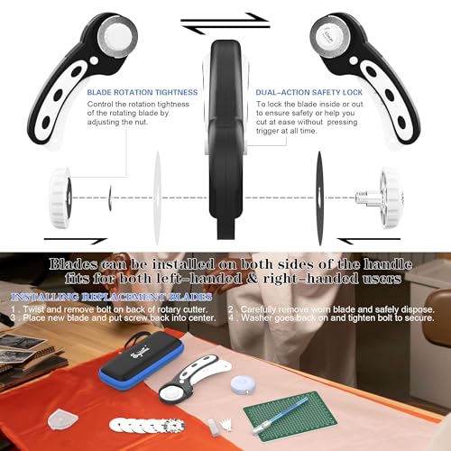 45mm Rotary Cutter | Rotary Fabric Cutter | Rotary Cutters for Sewing, Scrapbooking, Hobbies, DIY | A6 Cutting Mat, Storage Boxes, Precision Knives, Ruler, Spare Blades | Fabric Roller Cutter (Black) - color: Black