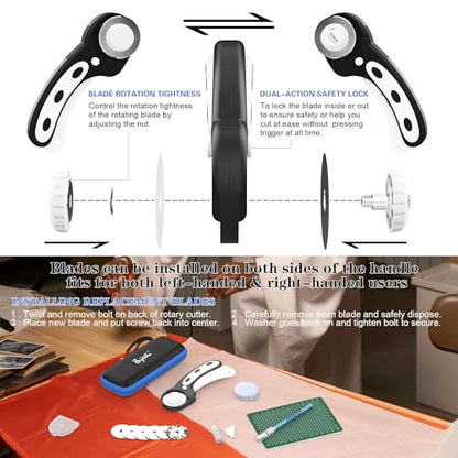 45mm Rotary Cutter | Rotary Fabric Cutter | Rotary Cutters for Sewing, Scrapbooking, Hobbies, DIY | A6 Cutting Mat, Storage Boxes, Precision Knives, Ruler, Spare Blades | Fabric Roller Cutter (Black) - color: Black