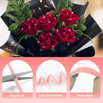 500 Pcs Pipe Cleaners Flower Kit,5 Colors Chenille Stems with Guide&Tools - color: Red
