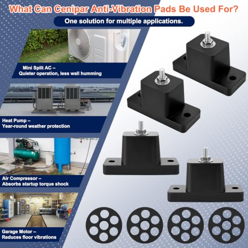 Cenipar 4 Pack Heavy Duty Anti-Vibration Rubber Isolator Mounting Brackets with 8 Expansion Screws – Shock Absorbing Pads for Mini Split AC, Air Conditioner Condenser, Air Compressor Feet