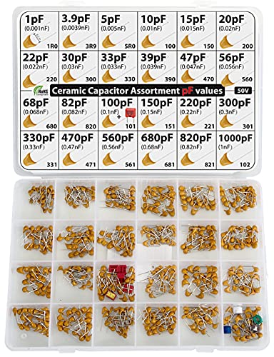 pF Values - Box Capacitor Kit Assortment 485 pcs 24 Values, All pF: 1pF, 3.9pF, 5pF, 10pF, 15pF, 20pF, 22pF, 30pF, 33pF,39pF, 47pF, 56pF, 100pF, 150pF, 220pF, 330pF, 470pF 560pF 680pF 820pF 1000pF