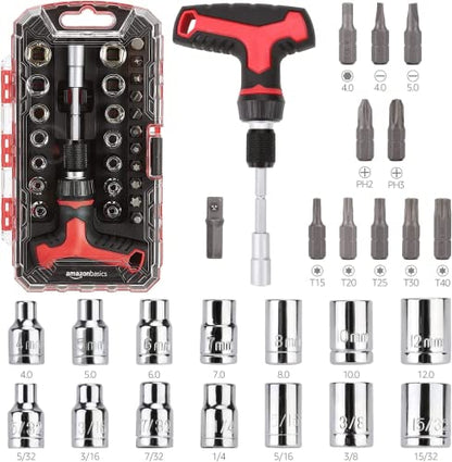 Amazon Basics 27-Piece Ratchet Screwdriver and Socket Set, Light-Duty T-Handle with Magnetic Bit Holder, Cr-V Steel, for Household DIY, Electronics and Appliance Repair, Compact Tool wit Hard Case - style: 27-Piece