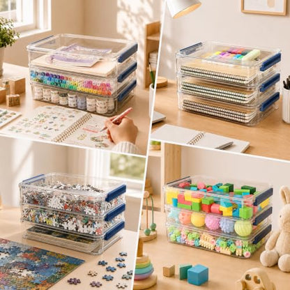 CATOOMUU 2-Pack 9x13 Clear Plastic Project Case Stackable Storage Box - color: Large-Blue-2-Pack