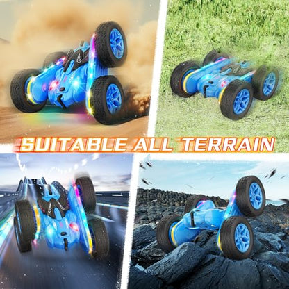 Terucle Remote Control Car, Rc Cars Stunt Toys New Upgraded Strip Lights and Headlights Toys Double-Sided 360° Rotating 4WD Drift Truck for Boys Girls Birthday Gift (Blue) - color: Blue