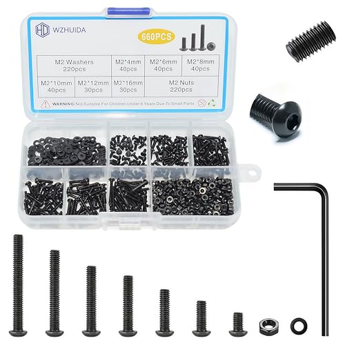 660 Pcs M2 Screws Assortment Kit, M2x4mm/6mm/8mm/10mm/12mm/16mm, Metric Hex Button Head Socket Cap Screws Nuts Washers Kit with Wrench, Black Zinc Plated - style: M2 660Pcs 4mm-16mm