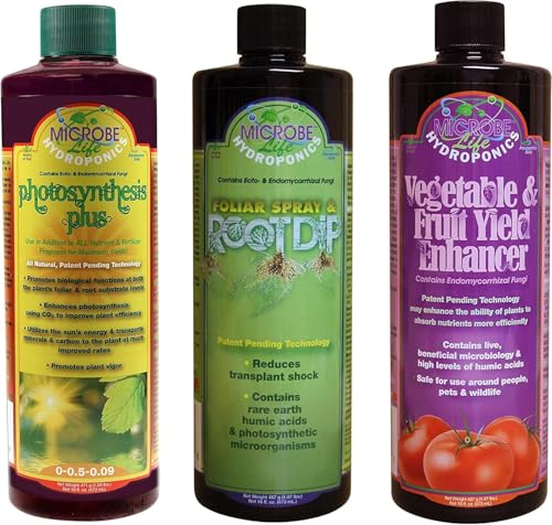 Microbe Life Hydroponics Additive Kit, Includes One 16-Ounce Bottle Each of Photosynthesis Plus, Foliar Spray & Root Dip, and Vegetable and Fruit Yield Enhancer, Use with Any Feeding Systems - size: 0.375 Gallons