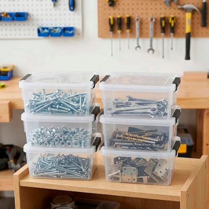 6 Pack Toolbox Organizer, Clear Plastic Screw Bins for Garage, Stackable Hardware Storage with Latching Lids, Mini Tool Box Containers for Nails, Bolts, Anchors, Fasteners, Craft Parts