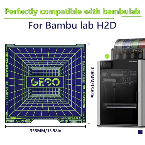 JUUPINE H2D/H2S Build Plate Geco Plate,355x346MM PLA Cold Plate (No Heating) Energy Saving 0℃ Printing Flexible Removable Spring Steel Hot Bed No Glue Required for Bambu Lab H2D/H2S 3D Printer - size: 355x346mm (for H2D)
