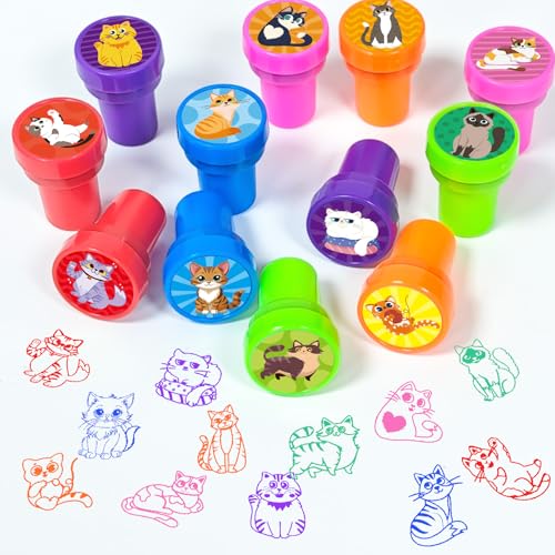 Cinrobiye 24 Pcs Cat Stampers Party Favor Set, Cute Kitty Stamps for Kids Birthday Party, Classroom Rewards, Carnival Prizes, Goody Bag Fillers, Cat Lover Party Supplies - color: Cat