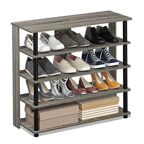 Furinno Turn-N-Tube 5 Tier Wide Shoe Rack, French Oak Grey/Black , 32 Inch - color: French Oak Grey/Black, size: 5-Tier, 32 Inch
