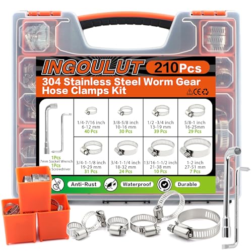 210Pcs Stainless Steel Hose Clamps Assortment Kit 1/4"to 2"(6-51mm) Adjustable Worm Gear Hose Clamps, Small Heavy Duty Hose Clamps for Automotive/Garden/Water Pipe/Sprinkler Line/Fuel Line - size: 210pcs