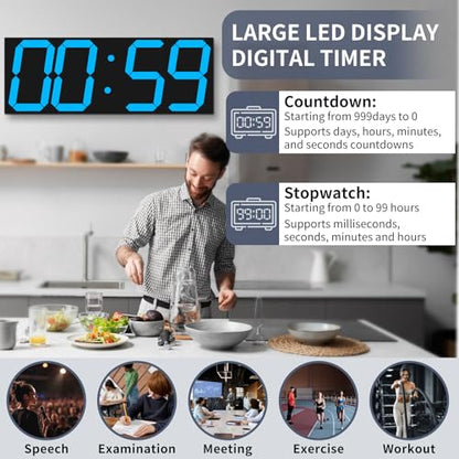 CHKOSDA 18.7in Large Digital Wall Clock,LED Digital Clock with Big Number,Multi-Function Remote Controlled Wall Clock with Timer, Alarm and Calendar Display(Blue) - color: Blue