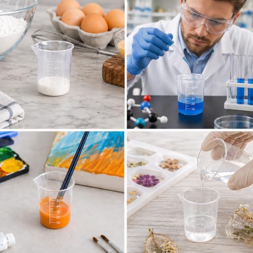 100 Pack Plastic Beakers 50ml / 1.7oz Graduations Premium Polypropylene Plastic Graduated Measuring Cups for Science Lab Equipment, Home Experiment, School Teaching Supplies Transparent
