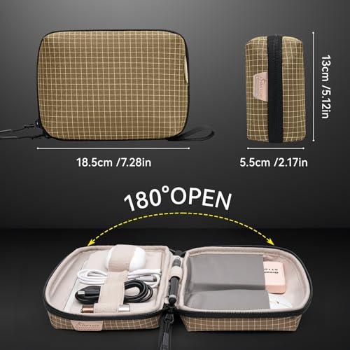 SIMTOP Electronics Organizer Cord Organizer Travel, Small Tech Bag for Cords, Chargers, Power Bank, Earbuds – Portable Cable Pouch for Office, Business Trip, Commute – Water & Scratch-Resistant - color: Brown Plaid