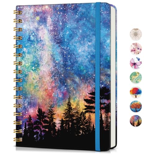 Lined Spiral Journal Notebook for Women, A5 Cute Hardcover Spiral Journals for Writing, 150 Pages Pretty College Ruled Notebooks for Work & Note Taking, 5.75" x 8.38", Forest Under a Starry Sky - color: Forest Under a Starry Sky