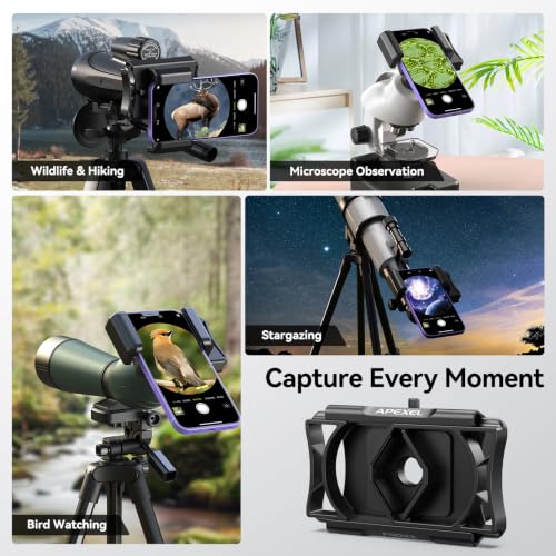 APEXEL 360° Telescope Phone Adapter, Upgraded Binocular Photo Adapter for Android & iPhone, Smartphone Mount for Telescope, Monocular, Microscope, Spotting Scope. (Including Bluetooth Shutter Remote)