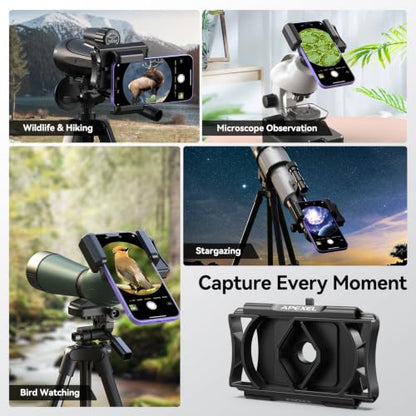 APEXEL 360° Telescope Phone Adapter, Upgraded Binocular Photo Adapter for Android & iPhone, Smartphone Mount for Telescope, Monocular, Microscope, Spotting Scope. (Including Bluetooth Shutter Remote)