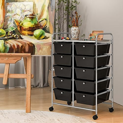 COSTWAY 10 Drawer Rolling Storage Cart, Utility Cart with Lockable Wheels - color: Black, size: 10 Drawer