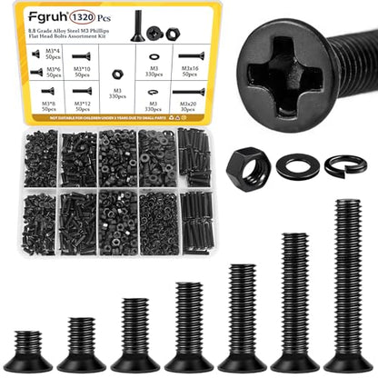 1320pcs M3 Flat Head Screws Assortment Kit, M3x4/6/8/10/12/16/20 mm - size: M3 1320pcs