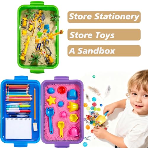 4 Qt (3.8L) Sensory Bin With Lid - 3 Pack, Stackable Storage Sensory Bins with Lids, Portable Sandbox, Organizers Sand, Arts, Crafts, (Blue, Green, Purple)