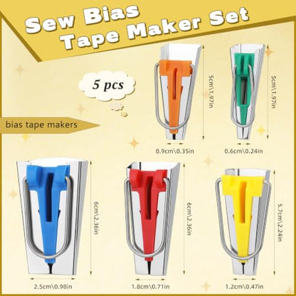 5 Sizes Bias Tape Makers Kit, 1/4" 3/8" 1/2" 3/4" 1" DIY Quilting Tools Kit - color: 5 Colors