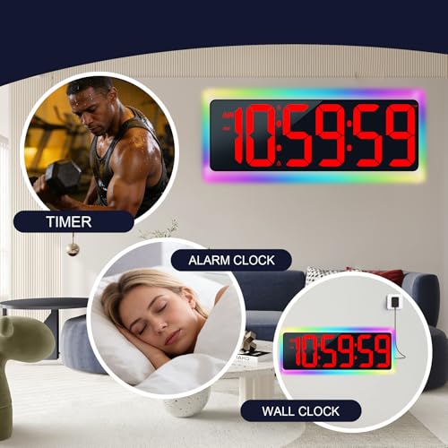 TXL 17.2" WiFi Digital Wall Clock with Seconds, Large Countdown Timer for Classroom Home Gym Office, Alarm Clock with Remote Control, RGB Ambient Lights, 4 Dimmable Brightness, Auto DST(Red) - color: Red