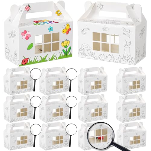 12 Bug Hotels with 6 Magnifiers Color Your Own Cardboard Insect Box Bugs Catchers Critters Collection Insect Gable Box Container with Window for Spring Activity Bug Party Favor School Garden Crafts