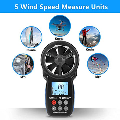 Bluetooth Anemometer Wind Speed Meter w/Data Logger, Kethvoz 866B-APP - color: 866BAPP w/ data logging