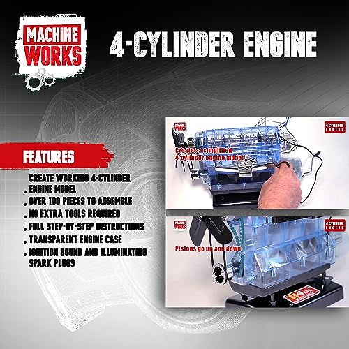 Machine Works Build Your Own Visible Model Engine Toys - Replica Model Building Kit 100+ Pieces- Features Working Sounds and Illuminiation, Internal Combustion Mechanics, Physics, STEM (4-Cylinder) - style: 4-Cylinder