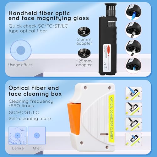 13 in 1 Fiber Optic Cleaning Tool kit with 400x Optical Fiber Microscope SC/LC Cleaning Pen 2.5mm 1.25mm Interface Cleaning Box with Replace core Fiber Optic Cleaner kit FTTH Clean Tool Kit