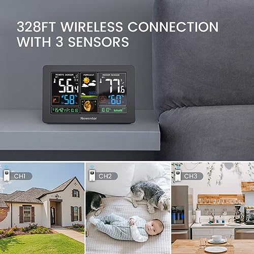 Newentor Weather Station Wireless Indoor Outdoor Thermometer, Black,3Sensor - color: Black, size: with 3 sensor