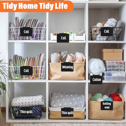 52PCS Basket Labels Clip On Set, 50 Removable PVC Bin Label Holders with 2 Chalk Markers for Pantry Storage Bins Organization (Black)