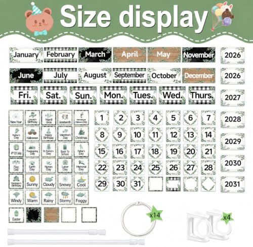 96 Cards Classroom Bulletin Board Decorations Set for Teachers,Flip Calendar with Holder for Classroom,Adjustable Calendar,Preschool Elementary Home Decor Supplies（Eucalyptus） - style: Eucalyptus