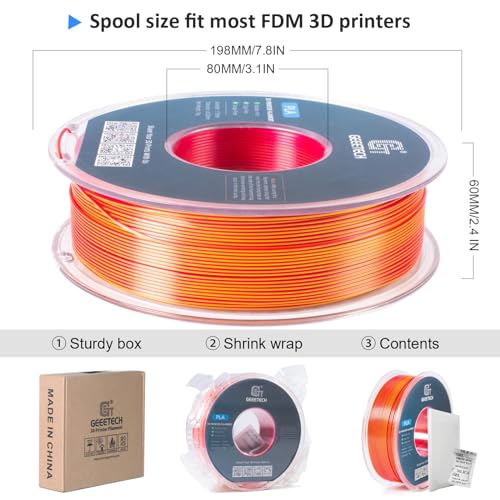 Geeetech Silk PLA Filament 1.75mm Silk Dual Color Filament, Coextrusion Dichromatic Metal-Like Shiny Consumable 1kg (2.2lbs) 1 Spool, Dimensional Accuracy +/- 0.02 mm, Gold Red - color: 1kg Dual Color Gold-red