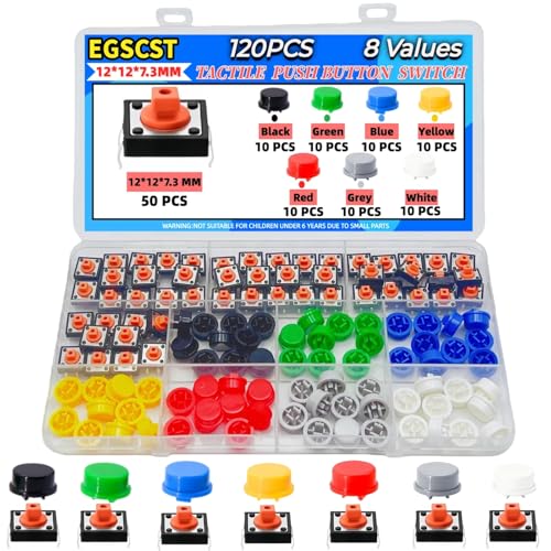 120PCS 12x12x7.3 mm Tact Tactile Push Button Switch Kit, 4 Pin Orange Momentary SMD PCB Switches Set with 7color Arduino Buttons Caps for DIY Electronics Projects, PCB Prototyping - style: Orange - 120PCS
