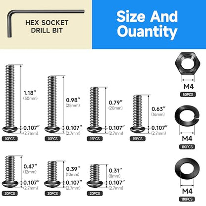 380 Pieces M4 Screw, Button Head Socket Cap Metric Screws Assortment Kit, Grade 10.9 Carbon Steel M4 Bolts and Washers/Nuts/Hex Wrenches, Black Oxided by Marysino - size: 380Pcs M4