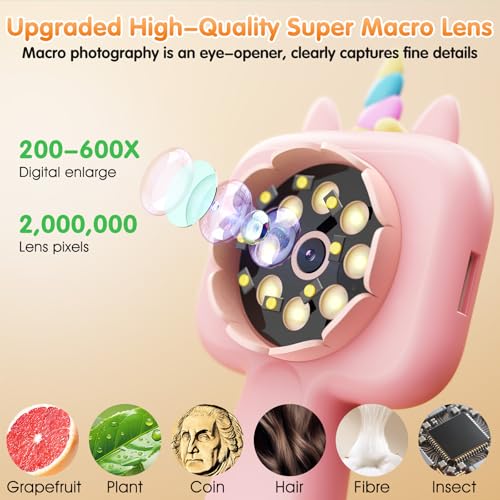 Kids Microscope, 2.4" Screen 600X Handheld Digital Microscope for Kids - color: pink